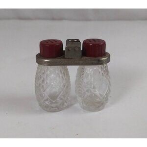 Vintage 1940s Red Bakelite Top Cut Crystal Miniature Travel Salt & Pepper Shaker